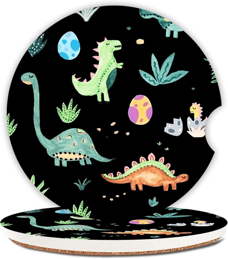 Adastrah Cute Dinosaur Graffiti Ceramic Cup Holders - Pack of 2, Keep Cup Holders Clean and Dry, Drink Cup Car Holder Coasters with A Finger Notch - Image 1